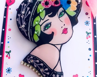 Deco Lady Brooch: Handmade Flapper Girl Rhinestone Jewelry