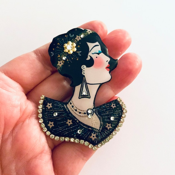 Art Deco lady inspired brooch , Charleston , flapper girl, unique brooch, vintage inspired, illustrated brooch, designer jewellery, unique