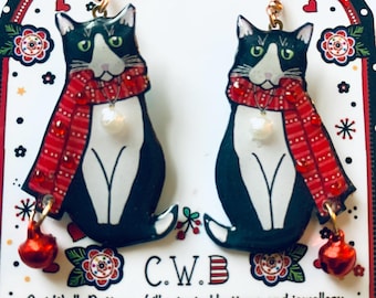 Handmade Black and White Cat Earrings: Winter Scarf, Jingle Bell