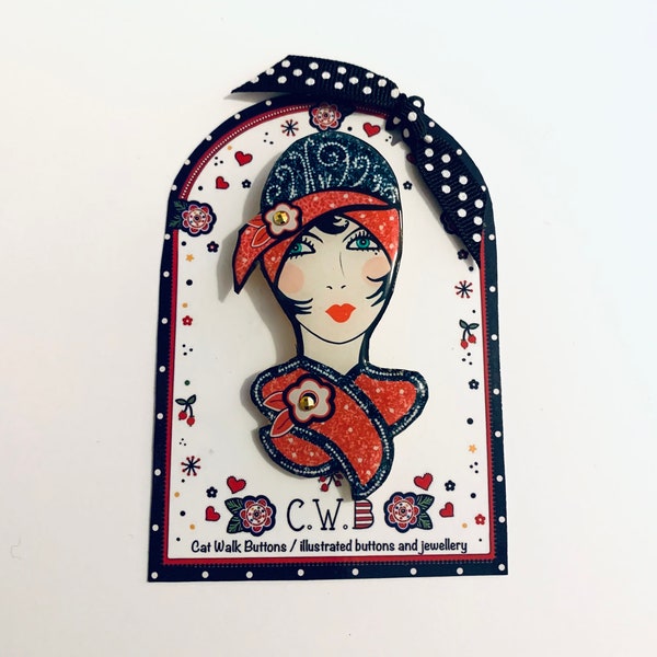 Deco lady brooch, flapper girl style, illustrated brooch, statement brooch, great gatsby, Art Deco inspired, ladies gift, valentines gift,