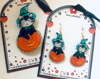 cat in pumpkin Halloween earrings/handmade, illustrated jewellery