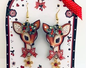 Vintage style Christmas deer head earrings, illustrated earrings,