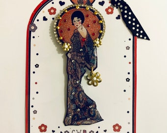 Art Deco Flapper Brooch: Illustrated Lady with Rhinestones