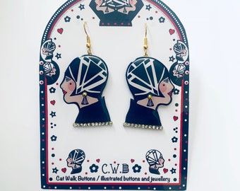Deco lady, flapper girl  illustrated earrings, statement jewellery, designer earrings , unique design, handmade,