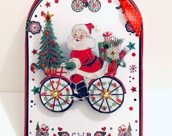 Santa on Bicycle Brooch, Vintage Style Christmas Gift