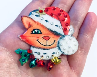 Vintage style ginger festive retro Christmas cat brooch