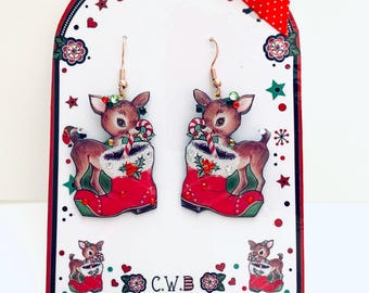 Vintage style Christmas deer Santa candy cane  earrings