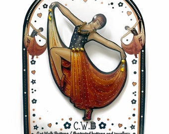 Handmade Art Deco Flapper Brooch: Illustrated Lady Dancer Pin