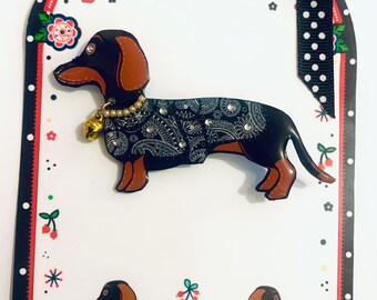 Handmade Sausage Dog Brooch: Rhinestone Floral Coat, Dog Lover Gift