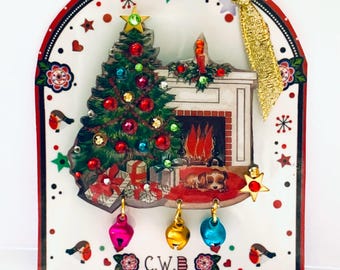Christmas Fireplace Brooch, Dog and Jingle Bell Festive Pin