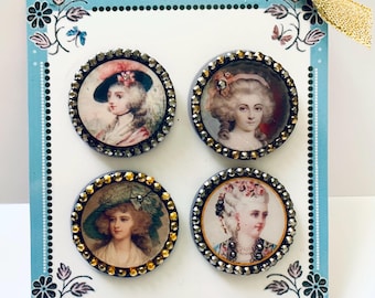 French Lady Portrait Buttons: Antique Style Sewing Embellishments (Set of 4)