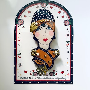 Art Deco Lady Brooch: Flapper Girl Illustrated Statement Pin