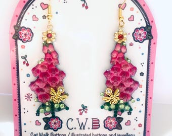 Foxglove butterfly bee earrings, summer vibes, floral art jewellery ,handmade, illustrated earrings