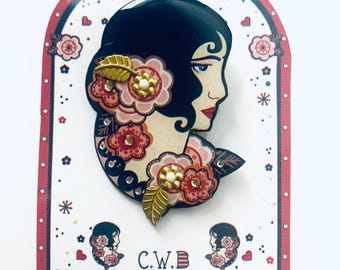 Art Deco Flapper Brooch: Illustrated Charleston Lady Jewelry