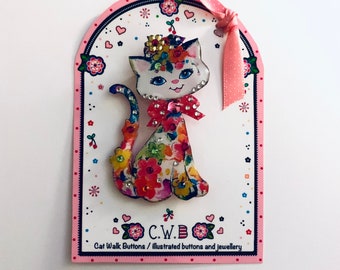 Retro Floral Cat Brooch: Rhinestone & Brass Bow Spring Jewelry