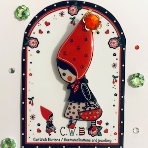 Hand made folk girl brooch, unique brooches, forest tales brooch, fairy tale themed brooch, folk art brooch, red riding hood themes,