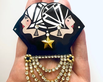 Art Deco Flapper Brooch: Rhinestone & Crystal Double Headed Lady