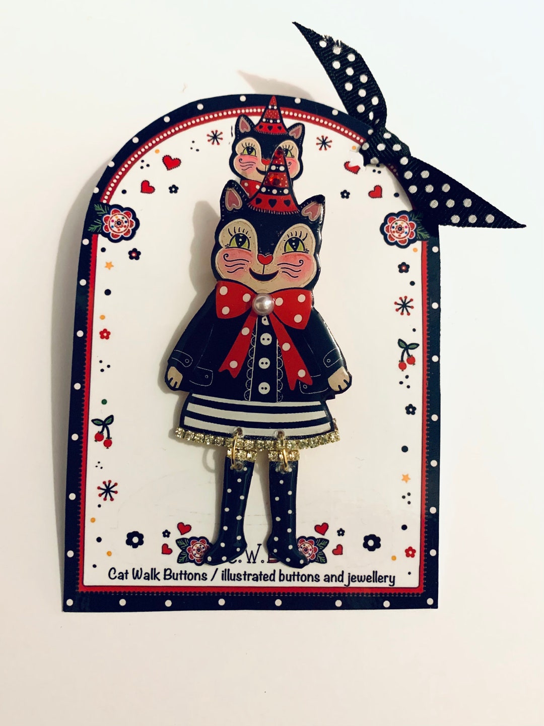 Folk Art Cat Brooch, Moveable Legs, Rhinestones & Crystals - Etsy