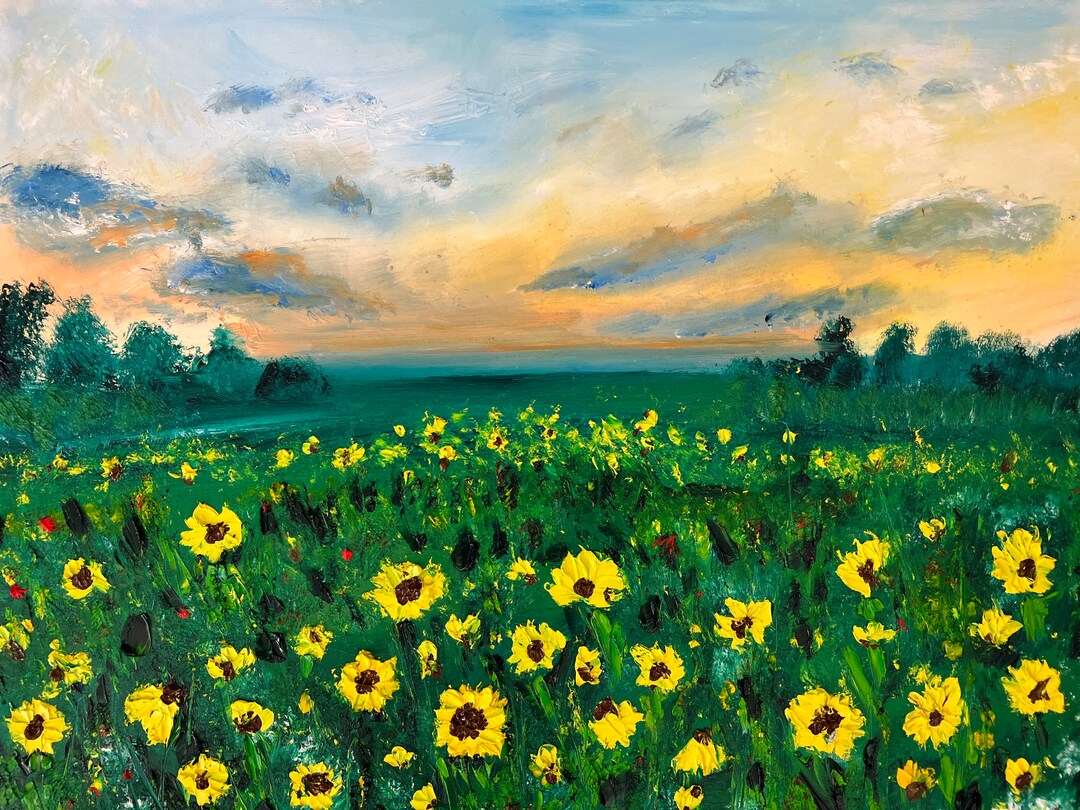 Sunflower Filed Wall Art, Floral Landscape Painting on Canvas Large