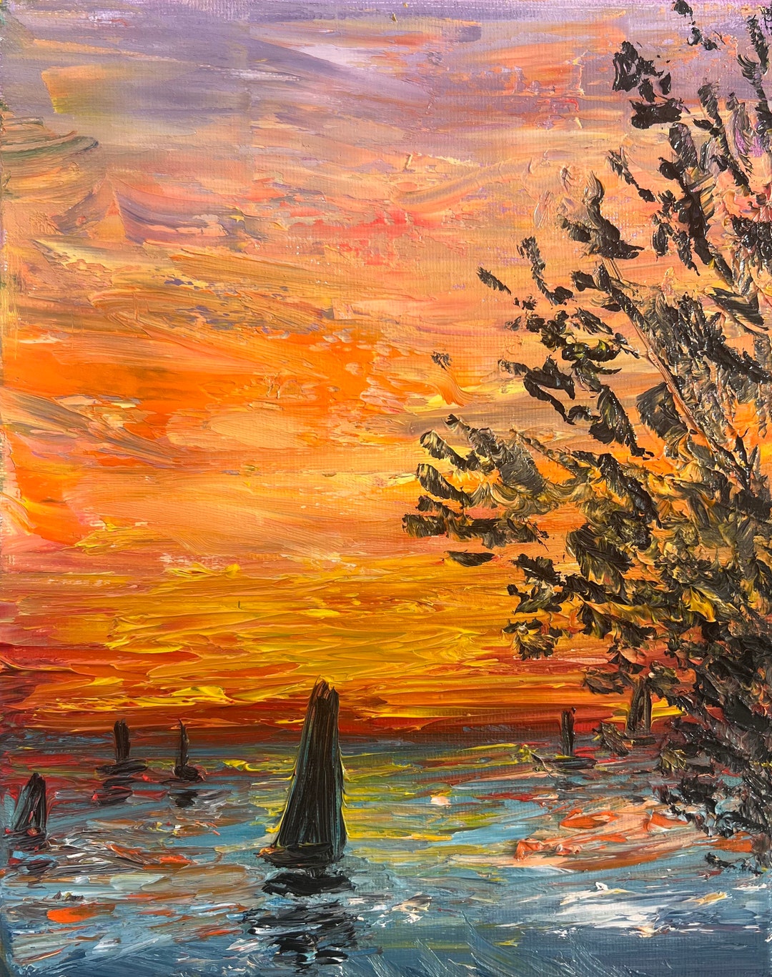 Abstract Sunset Ocean Oil Painting on Canvas, Original Custom Modern ...