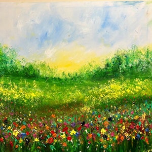 Large Original Oil Painting On Canvas,Blue Sky&Colorful Forest Painting,Living Room Wall Art,Hand-painted Heavy Textured Impasto Painting
