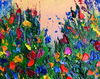Flower Oil Painting On Canvas Abstract Pink Flower Painting Flower Landscape Painting Green Wall Art Canvas Spring Living Room Wall Decor