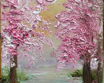 Flower Oil Painting On Canvas Abstract Pink Flower Painting Flower Landscape Painting Green Wall Art Canvas Spring Living Room Wall Decor