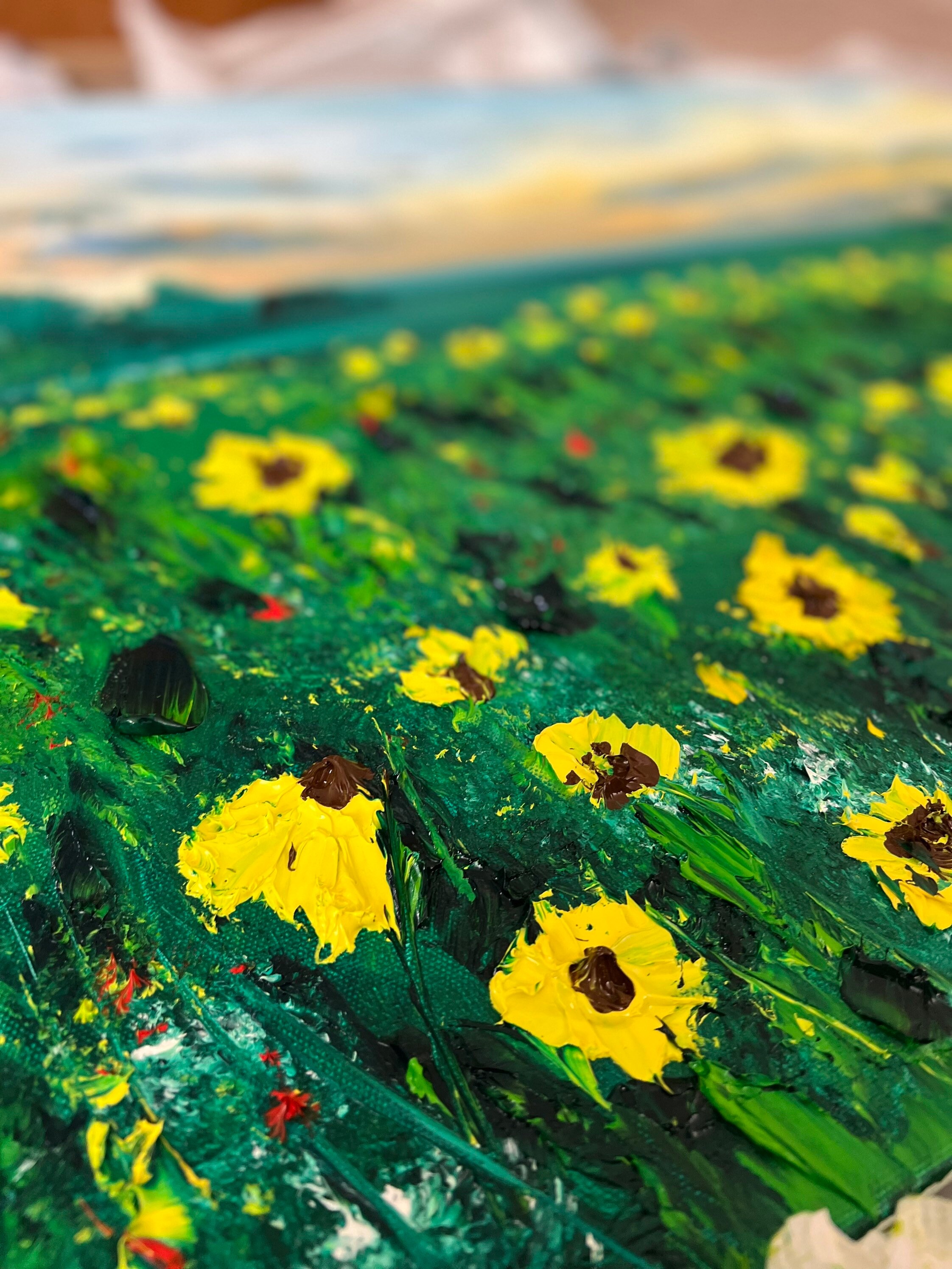 Sunflower Filed Wall Art, Floral Landscape Painting on Canvas Large