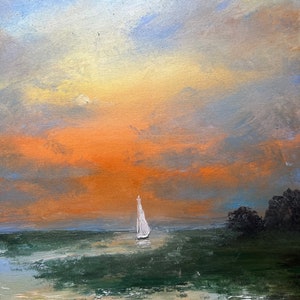 Original Painting Of The Happy Marsh, Sunny Marsh Swimming Party Art White Waves Heavy Texture Palette Knife Art Sailboat Canvas Wall Art