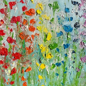 Mini Rainbow Flower Oil Painting on Canvas, Large Original Modern Textured Floral Scenery Painting Boho Wall Art Living Room Decor