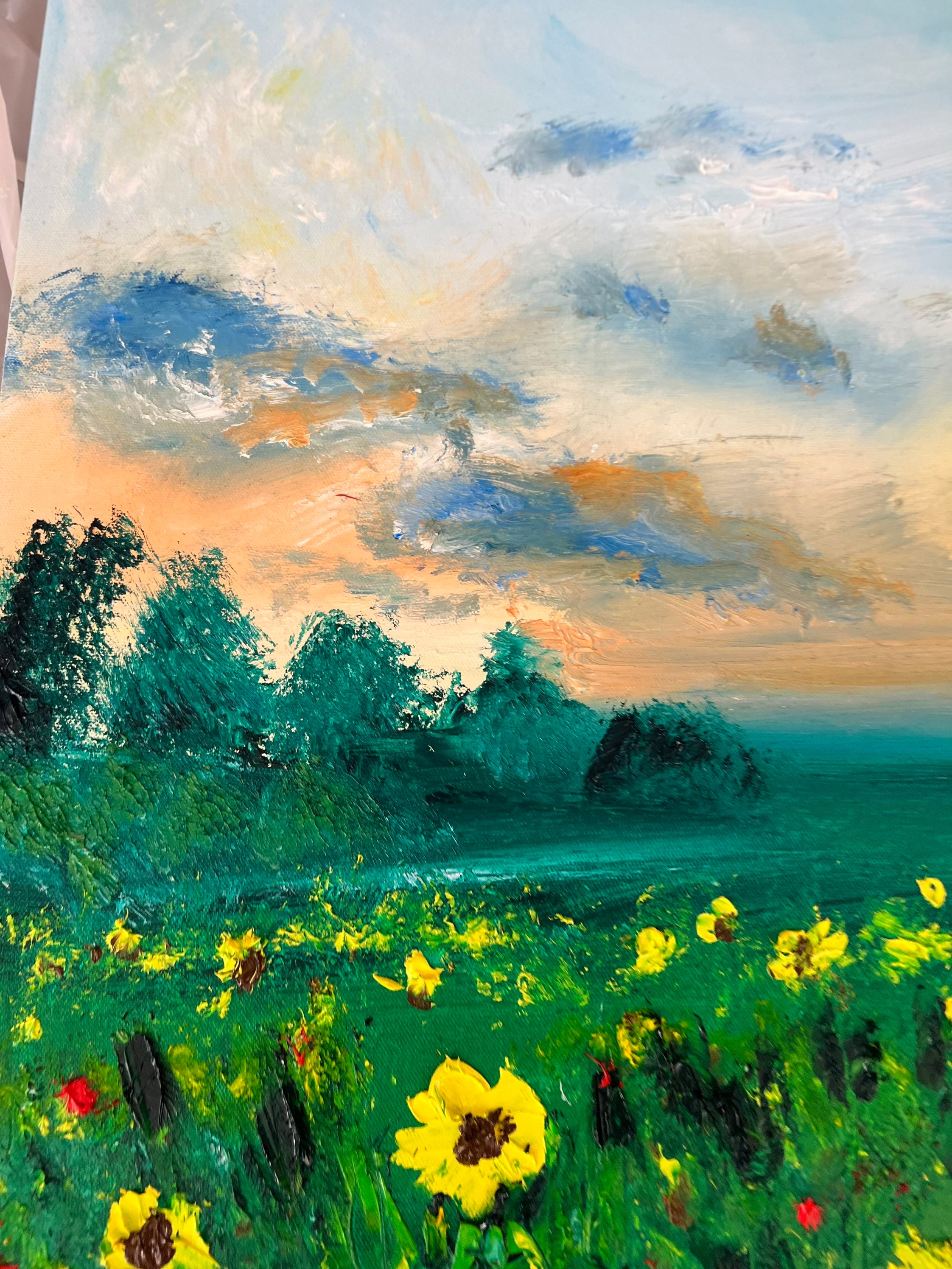 Sunflower Filed Wall Art, Floral Landscape Painting on Canvas Large