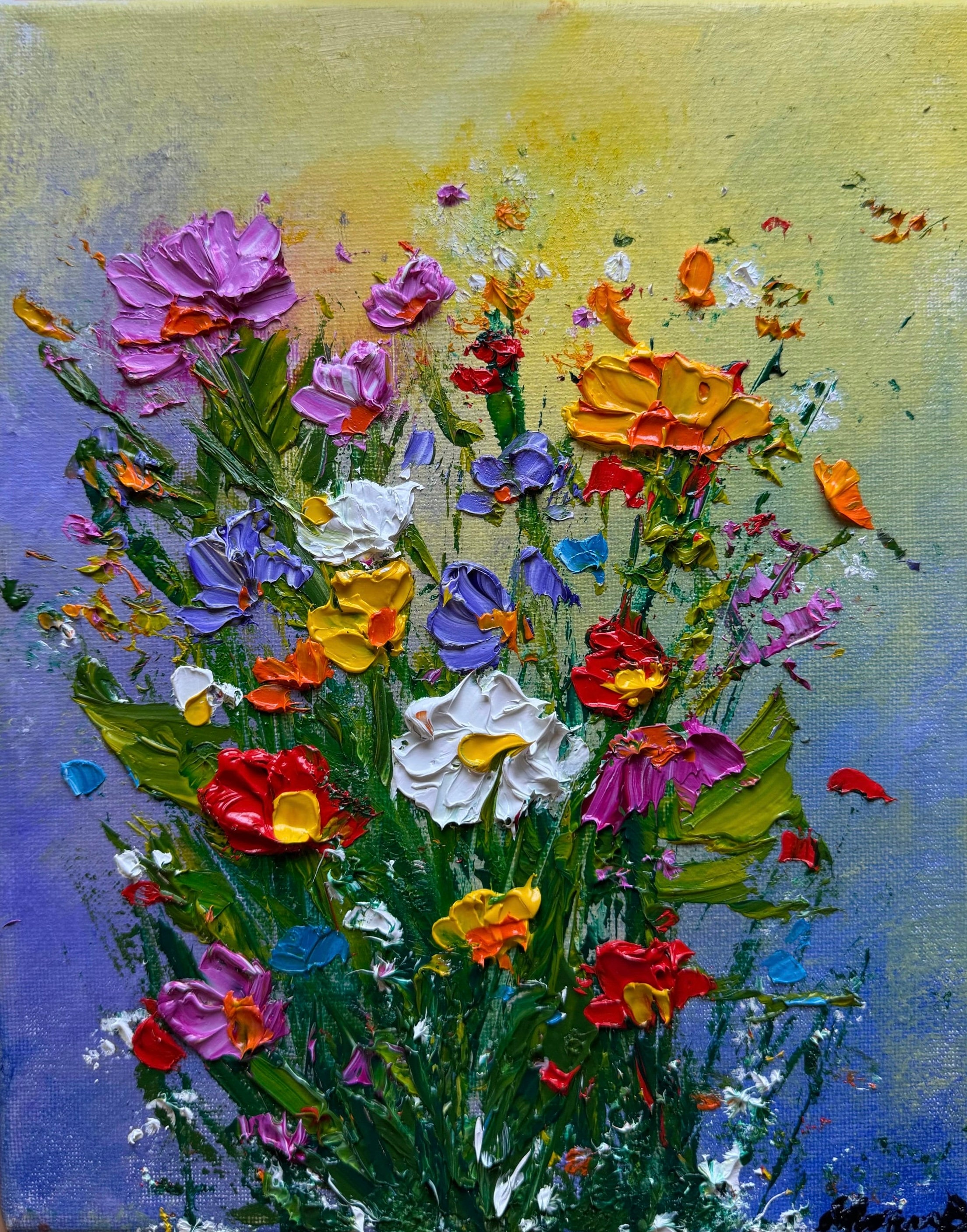 Textured Blooming Painting. Vibrant Spring Floral Art. 3D Flower