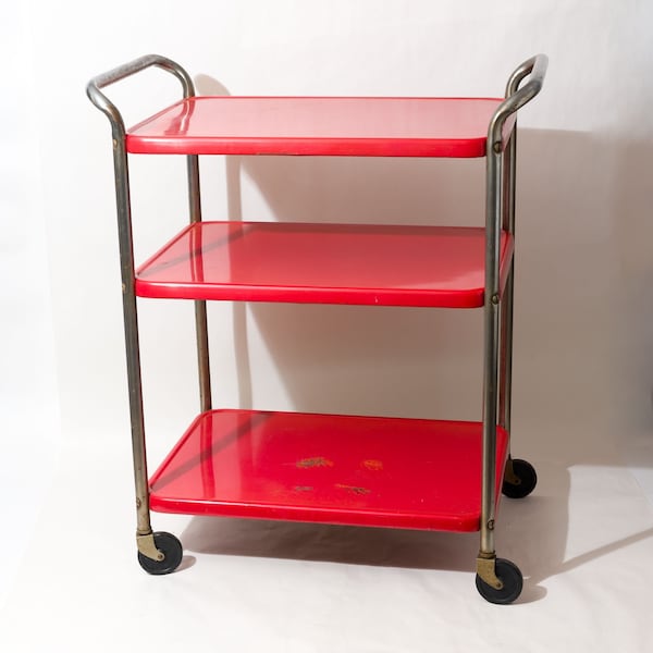 Vintage Three Tier Wheeled Serving Cart with Handles, Red with Chrome Trim, Mid Century