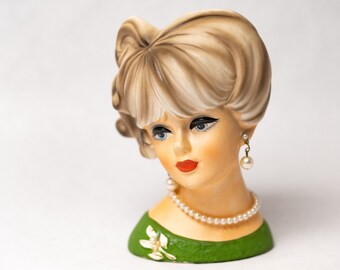 Very Good Condition 6 Green Napco Lady Head Vase Earrings Mid