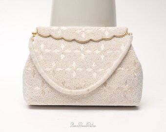 White Beaded Sequin Embroidered Handbag Vintage Purse