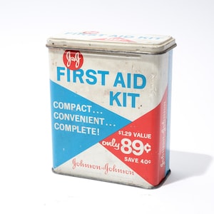Scatola di latta vintage Johnson & Johnson, kit di pronto soccorso, scatola di cerotti