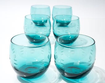 Midcentury Aqua Blue Roly Poly Glass with Etched Design, SOLD IN PAIRS