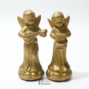 Pair of Angel Figurines, Gold, Chalkware, Dickson, Vintage Christmas