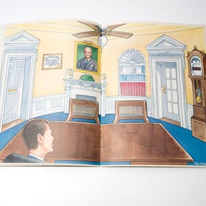 May include: Illustration of the Oval Office, featuring a large wooden desk, two chairs, and a portrait. The room has a blue carpet, yellow walls, and a grandfather clock. The text "The Oval Office" is visible.