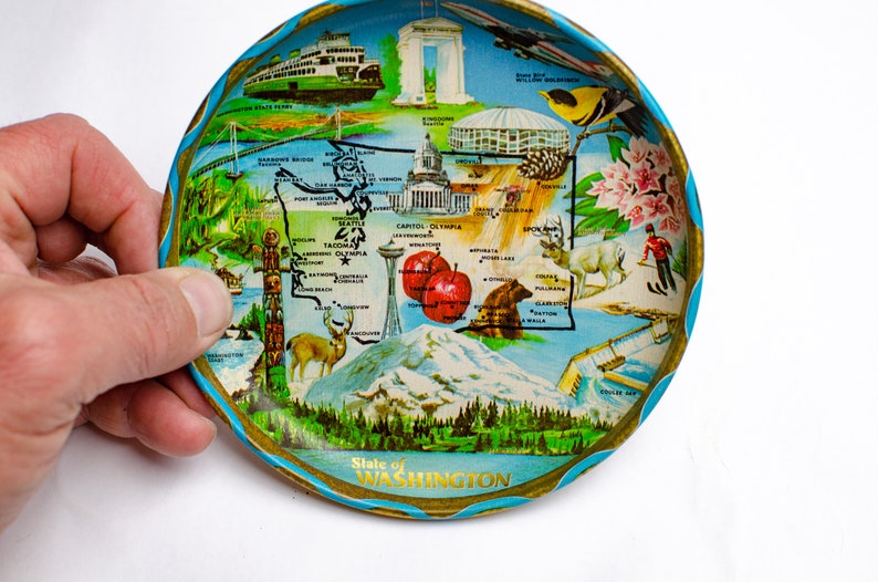 Mid Century State of Washington 6 Tin Souvenir Tray Map