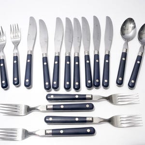 May include: A collection of stainless steel silverware with navy blue handles. The set includes forks, knives, and spoons. The handles have a silver band and three white dots. The silverware is arranged on a white surface.