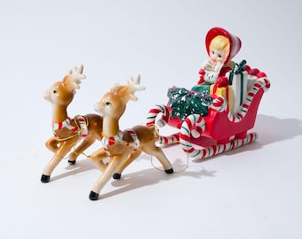 Vintage Christmas Figurine Set, Girl in Sleigh with Two Reindeer, Lefton, 1950s, AS IS