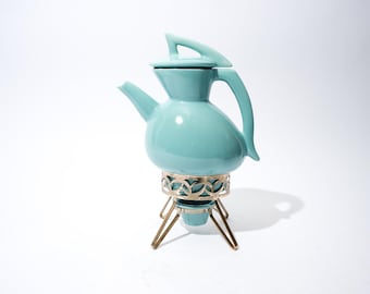 Vintage Pottery Miramar of California Coffee Warmer Complete w Stand and Candle Holder, Turquoise Mid Century Atomic 1950s
