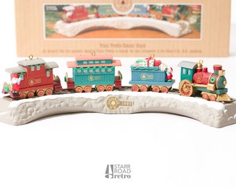 Hallmark Train Ornaments Set, Trestle, Locomotive, Gift Car, Passenger Car and Caboose, 1991