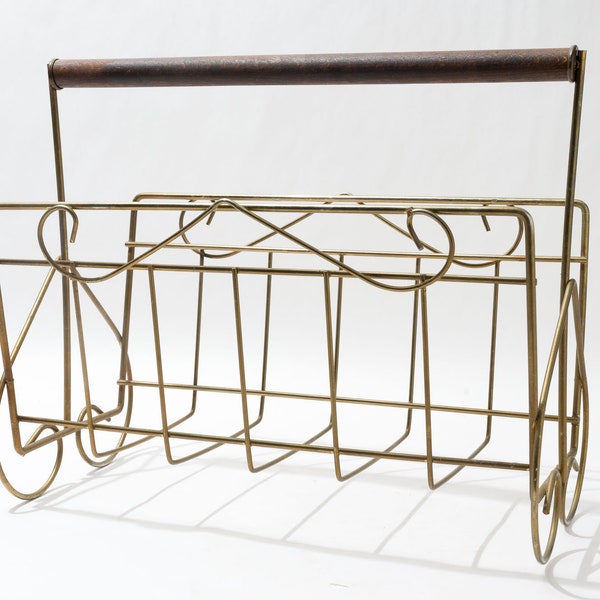 Retro Wire Magazine Rack with Wood Handle, Vintage Mid Century, Scrolled Ends, MCM, 1960s