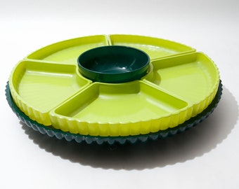 Vintage Lazy Susan Relish Tray, Crudités, Lime Green, Forest Green, All Glass, 1960s