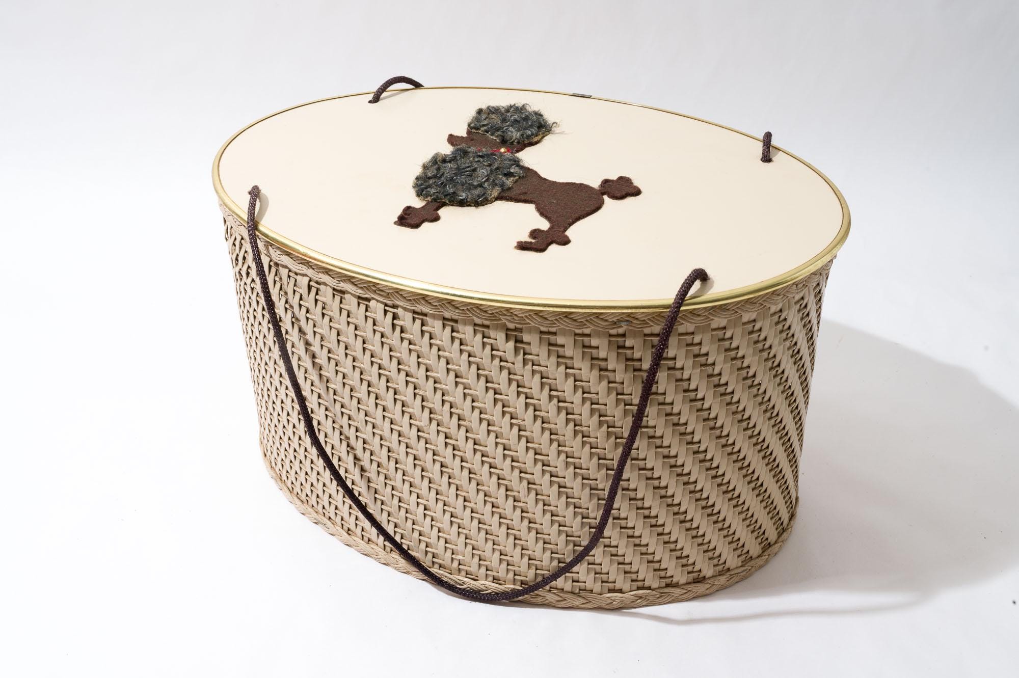 Vintage Sewing Box With Poodle Decor, Wicker and Wood, Basket, Removable Shelf