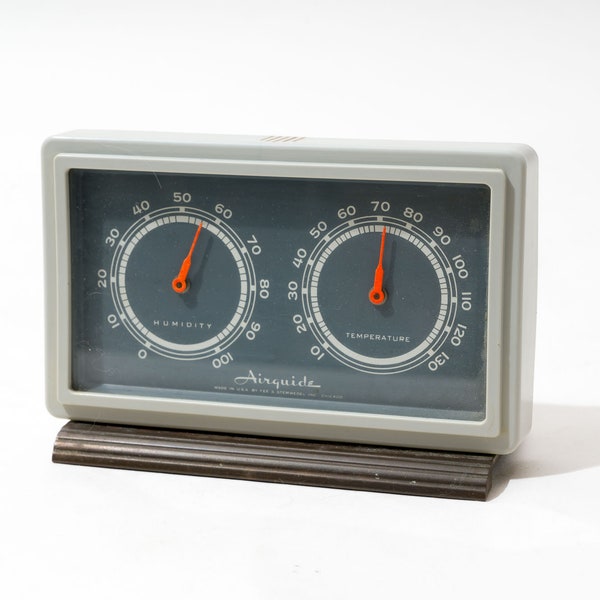 Mid Century Desktop Thermometer and Humidity Gauge, by Airguide, Metal and Glass Case, Made in USA, Chicago, c. 1960s