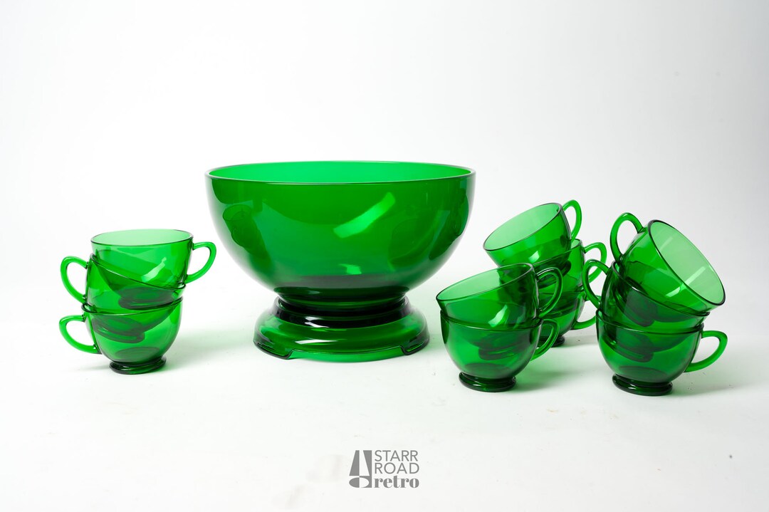 Vintage Emerald Green Punch Bowl Set Including Bowl Stand Etsy