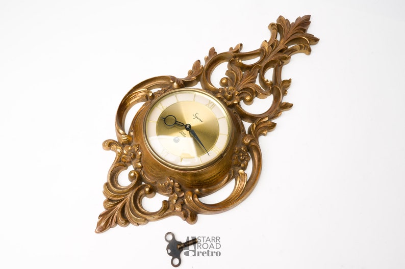 Vintage Syroco Eight Day Clock With Key Gold Color Hollywood Etsy